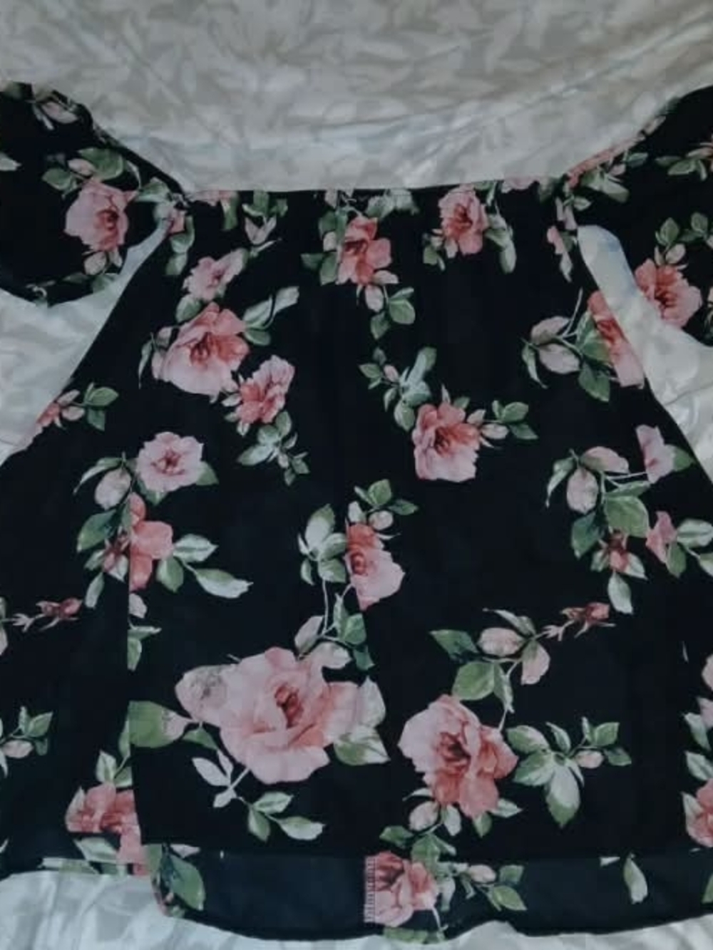 mittoshop Black Floral Off-Shoulder Top with Pink Roses